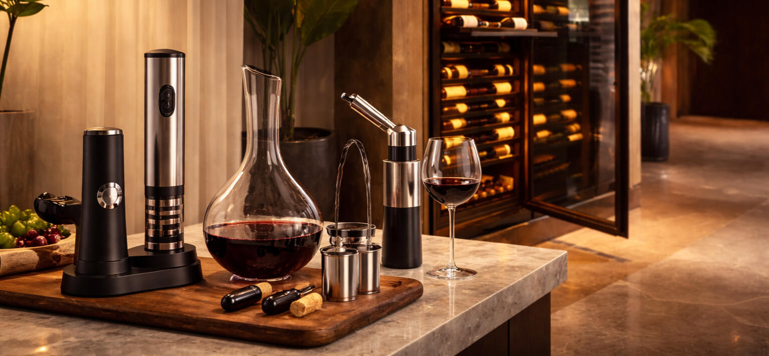 wine aerator and decanter set on kitchen counter